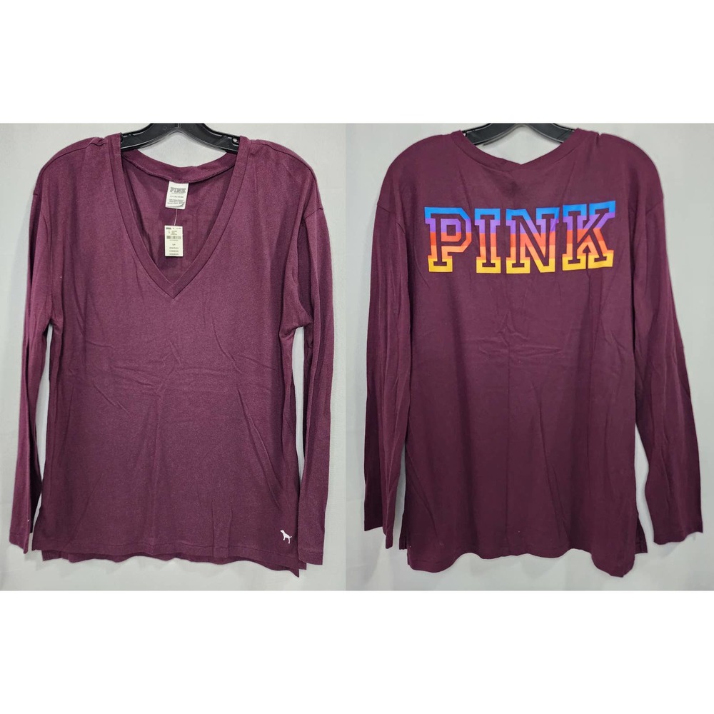 Victoria's Secret PINK V Neck Long Sleeve Rainbow Logo Campus Tee Small NEW